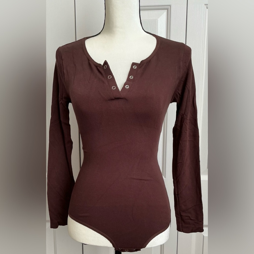 Henley style Brown Long Sleeve Bodysuit